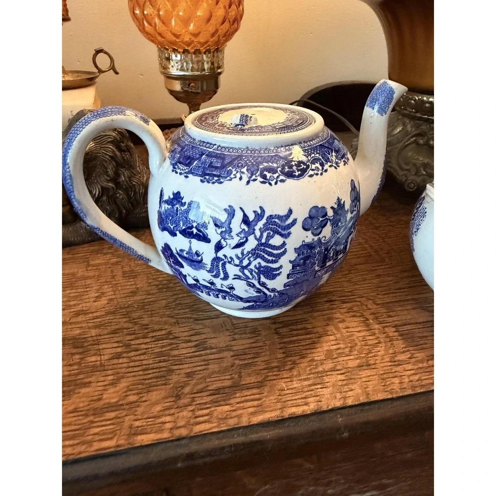 Vintage Old Hall Blue Willow Teapot & Sugar Bowl Set Staffordshire England